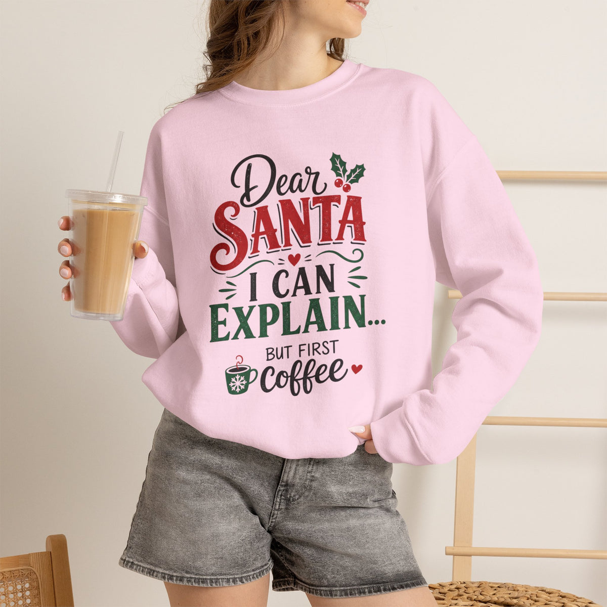 Dear Santa I Can Explain Sweatshirt, Funny Coffee Lover Christmas Shirt, Cute Holiday Crewneck, Sarcastic Xmas Coffee Gift for Her Women