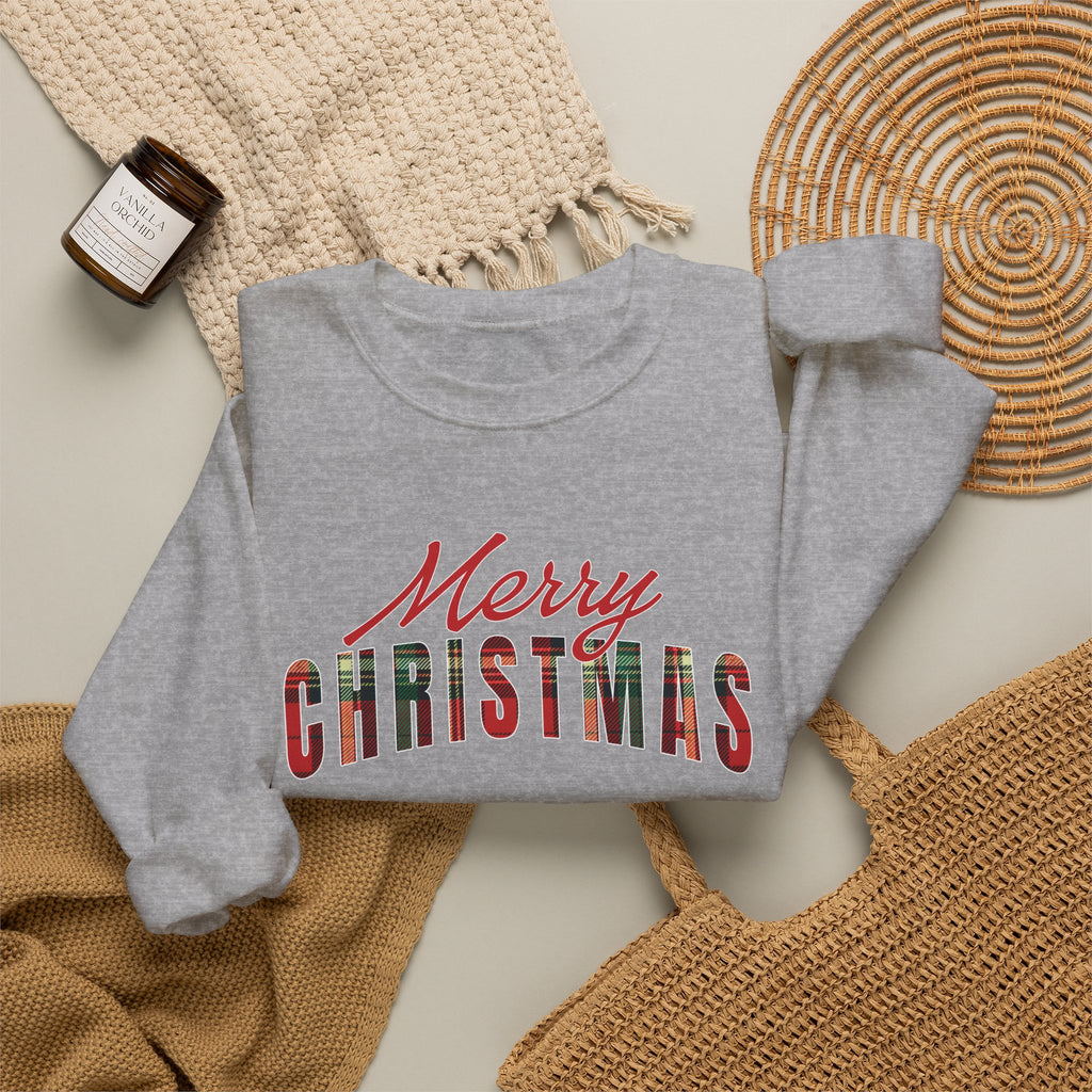 Merry Christmas Sweatshirt, Plaid Christmas Sweater, Buffalo Plaid Holiday Crewneck, Cozy Xmas Shirt, Women's Christmas Gift