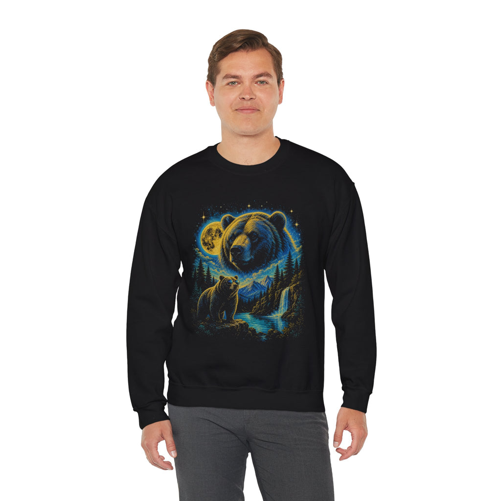 Bear Moon Forest Sweatshirt, Double Exposure Wildlife Sweatshirt, Mountain Waterfall Bear Shirt, Nature Lover Gift, Outdoor Cabin Crewneck