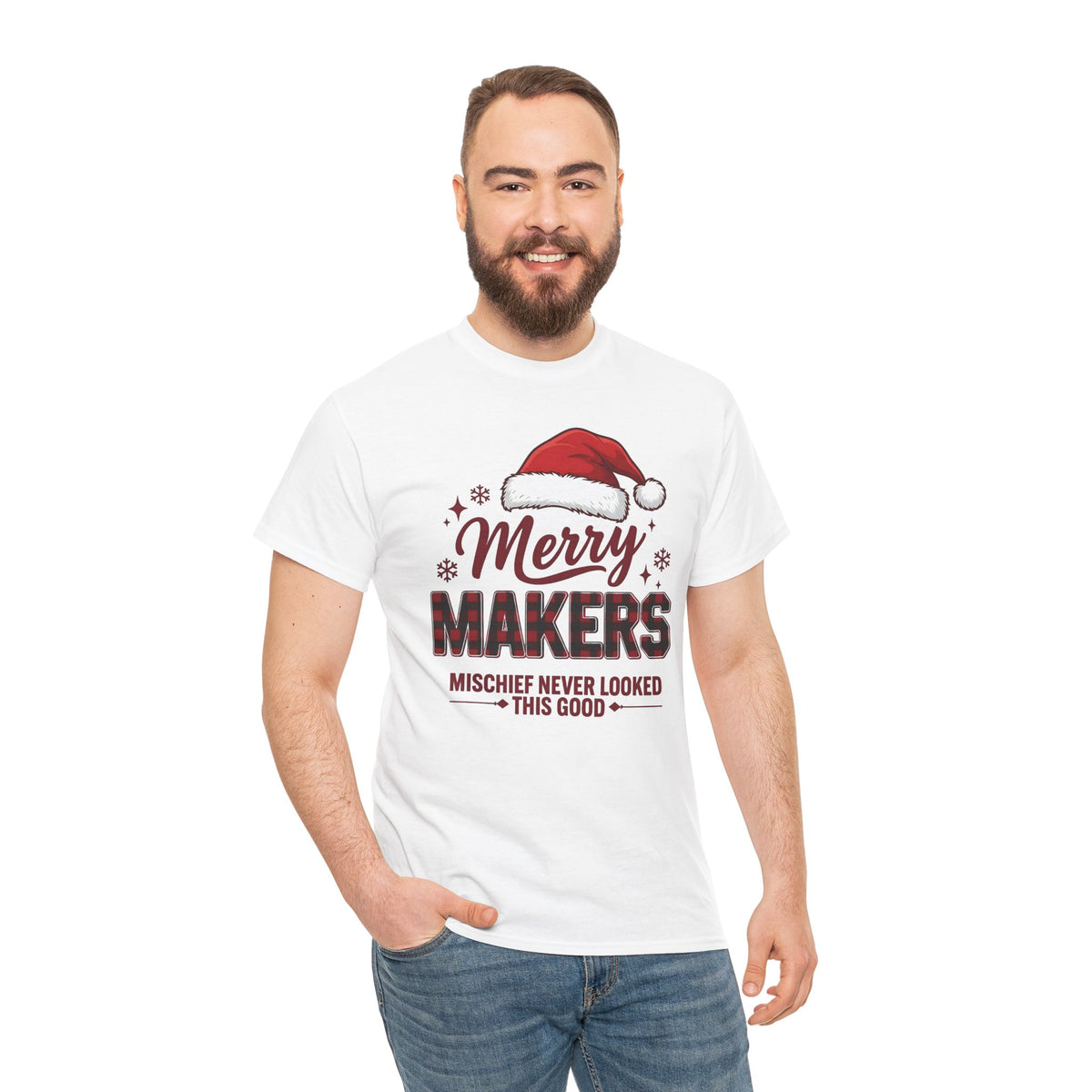 Merry Makers Christmas Shirt | Mischief Never Looked This Good | Santa Hat Tee | Funny Holiday T-Shirt | Cute Xmas Gift Tee