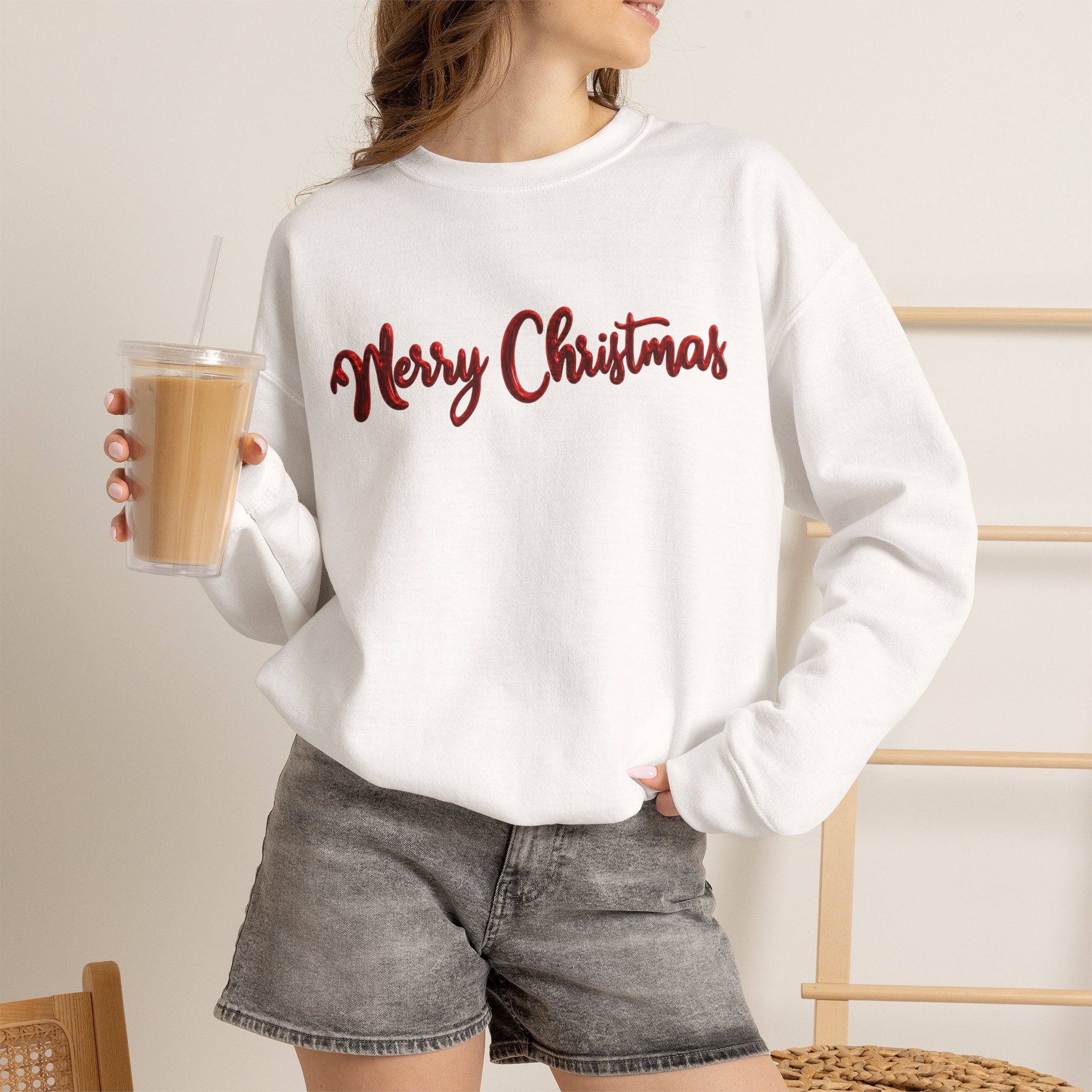 Merry Christmas Sweatshirt, Green Crewneck with Red Metallic Script Font, Christmas Shirt, Holiday Sweater, Xmas Gift for Her, Gift for Him