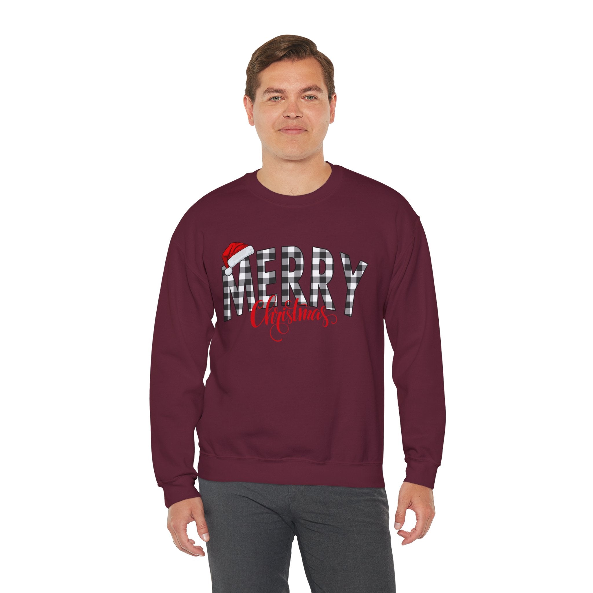 Merry Christmas Buffalo Plaid Sweatshirt, Santa Hat Christmas Sweatshirt, Plaid Christmas Shirt, Women's Holiday Sweatshirt, Christmas Gift