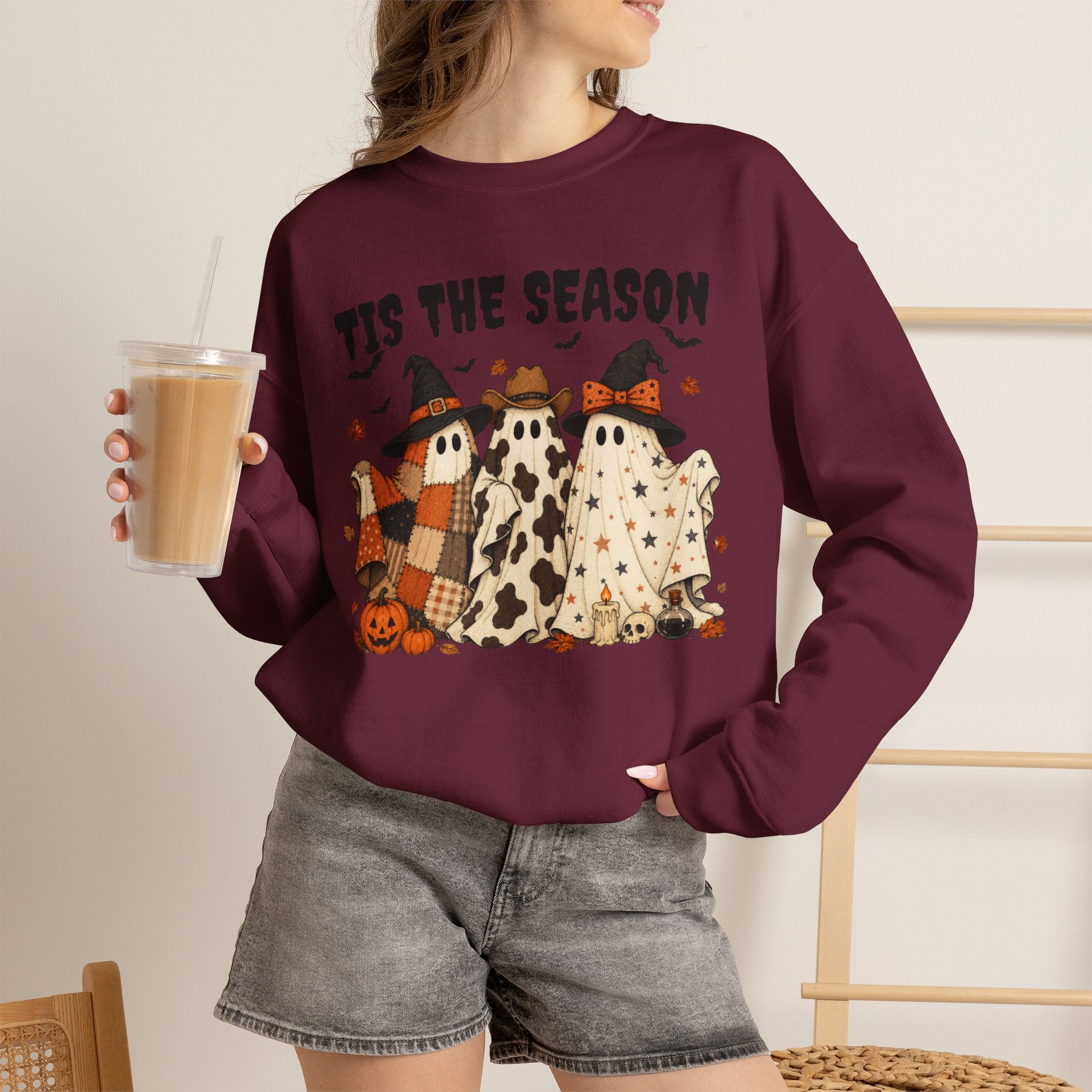 Tis The Season Ghost Sweatshirt, Halloween Ghost Crewneck, Witch Hat Ghost Shirt, Cow Print Plaid Ghost Sweater, Fall Halloween Top