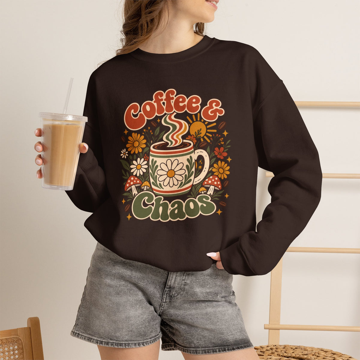 Coffee & Chaos Sweatshirt, Retro Floral Coffee Mug Shirt, Wildflower Mushroom Graphic Tee, Trendy Coffee Lover Gift, Cottagecore Crewneck