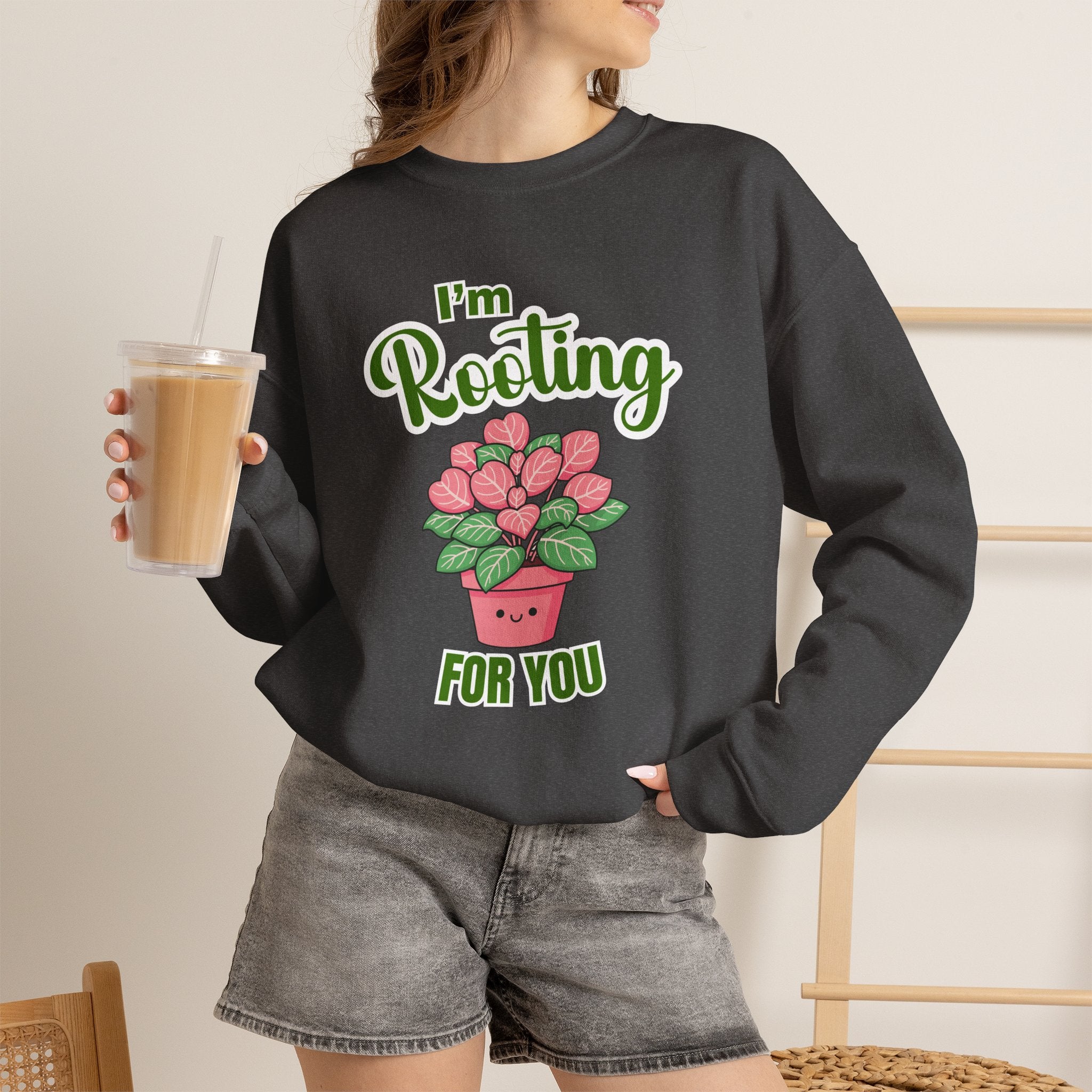 I'm Rooting For You Sweatshirt, Cute Plant Pun Crewneck, Encouragement Gift, Pink Heart Flower Shirt, Plant Lover Gift, Sand Sweatshirt