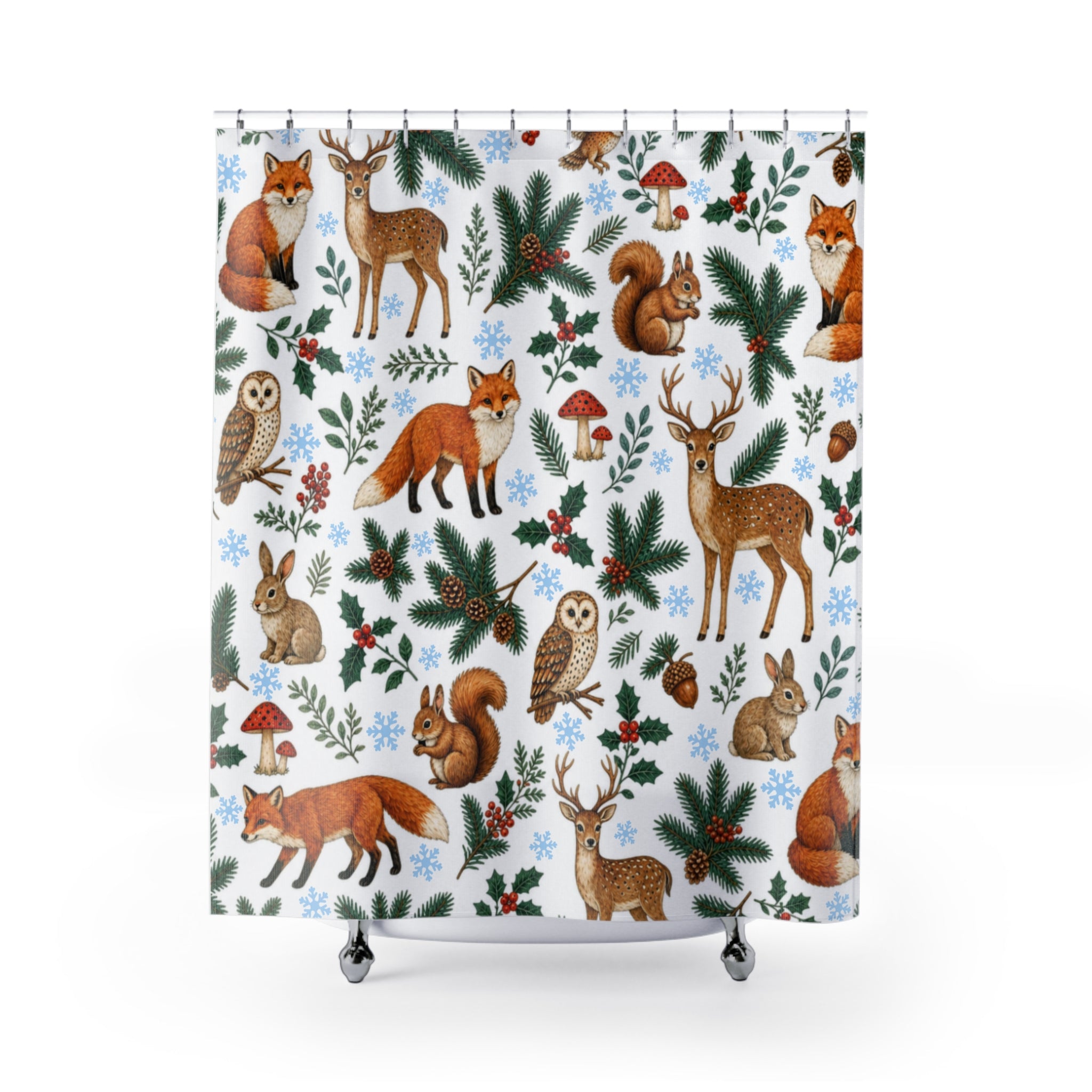 Woodland Animals Shower Curtain, Fox Deer Owl Rabbit Squirrel Bathroom Decor, Christmas Winter Forest Bath Curtain, Cottagecore Home Gift