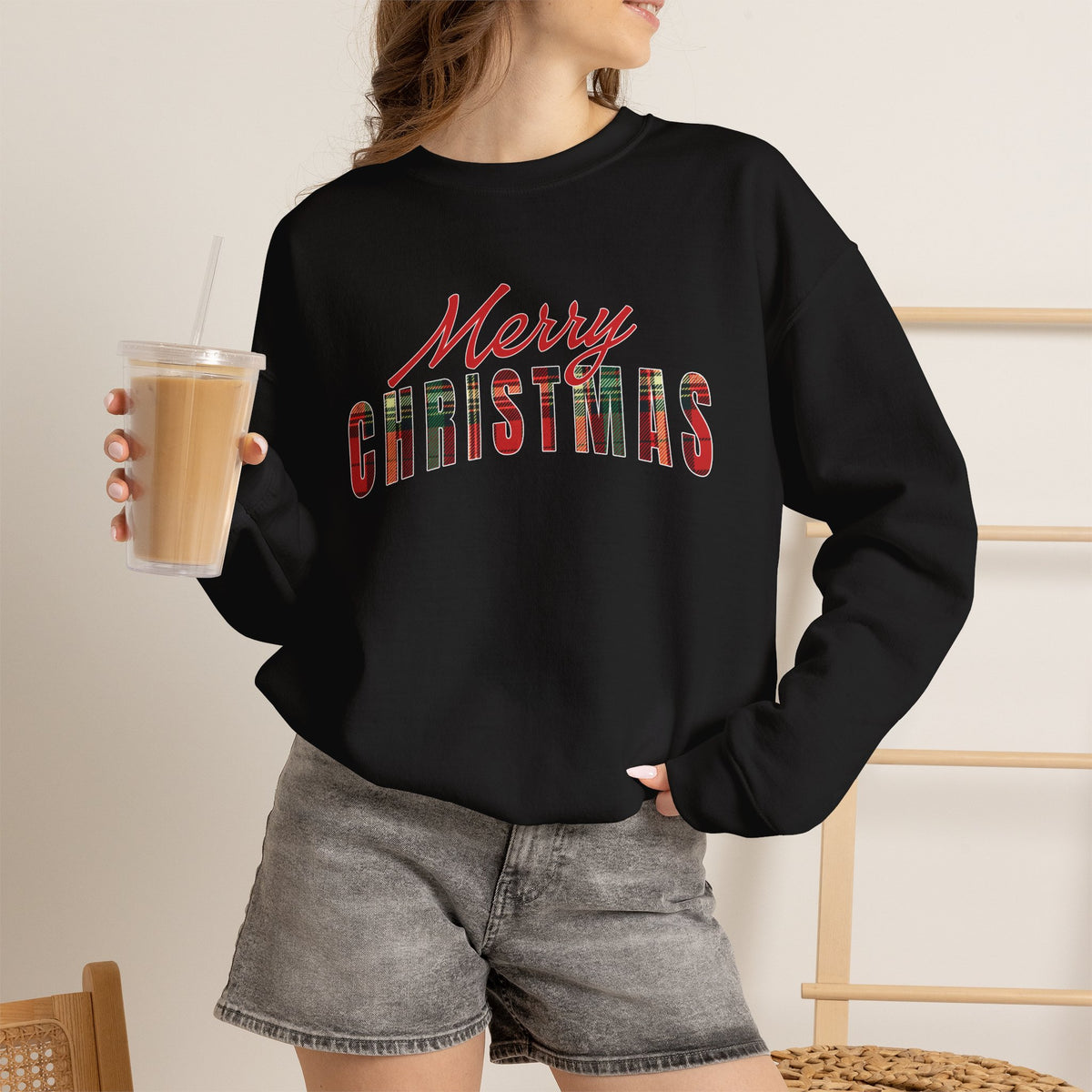 Merry Christmas Sweatshirt, Plaid Christmas Sweater, Buffalo Plaid Holiday Crewneck, Cozy Xmas Shirt, Women's Christmas Gift
