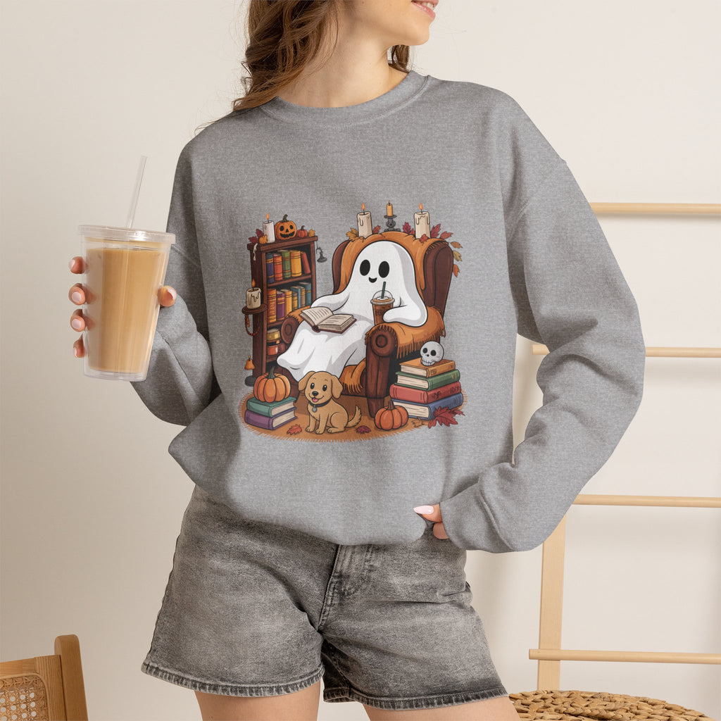 Cute Ghost Reading Books Sweatshirt, Cozy Fall Halloween Sweater, Ghost with Dog Pumpkins Shirt, Autumn Library Halloween Crewneck Gift