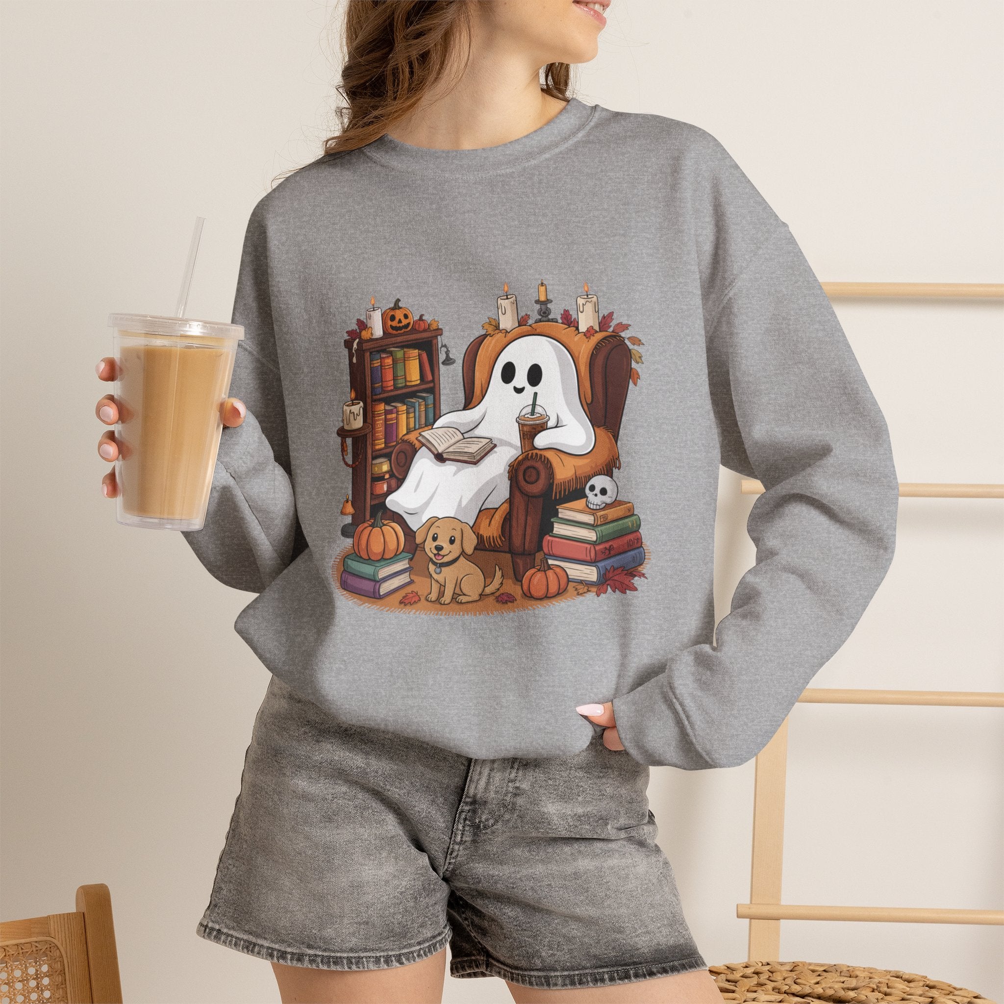 Cute Ghost Reading Books Sweatshirt, Cozy Fall Halloween Sweater, Ghost with Dog Pumpkins Shirt, Autumn Library Halloween Crewneck Gift