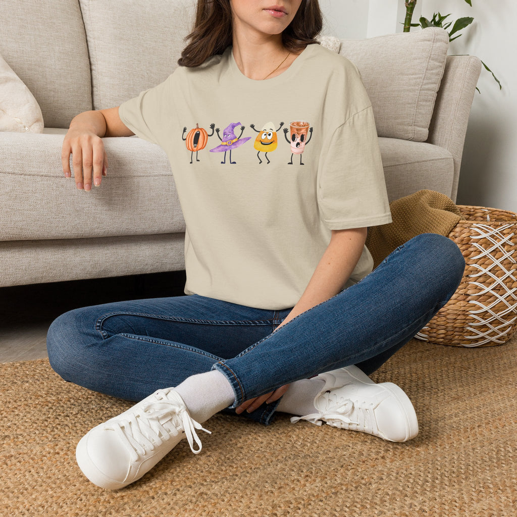 Halloween Women T-shirt Dancing Pumpkin Candy Corn Witch Hat Iced Coffee Crewneck Fall Fun Cute Halloween Party Shirt Gift