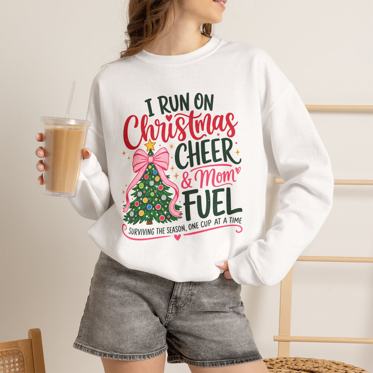 Christmas Mom Sweatshirt, I Run On Christmas Cheer And Mom Fuel, Funny Holiday Shirt, Coffee Lover Mom Gift, Xmas Tree Crewneck