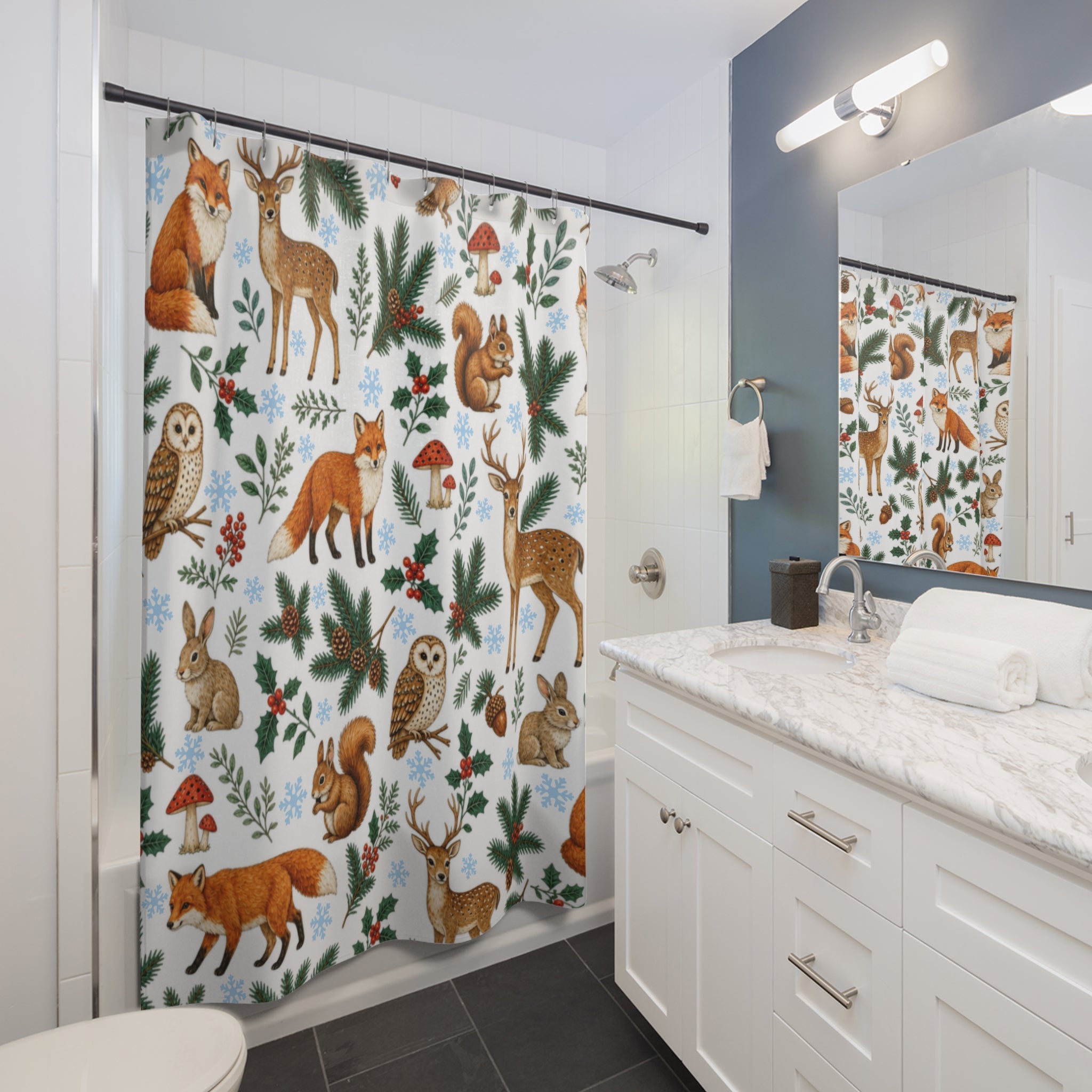 Woodland Animals Shower Curtain, Fox Deer Owl Rabbit Squirrel Bathroom Decor, Christmas Winter Forest Bath Curtain, Cottagecore Home Gift