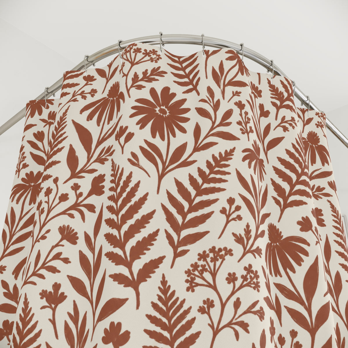Boho Terracotta Fern Shower Curtain, Botanical Leaf Bathroom Decor, Rust Wildflower Print, Cottagecore Bath Curtain, Farmhouse Bathroom
