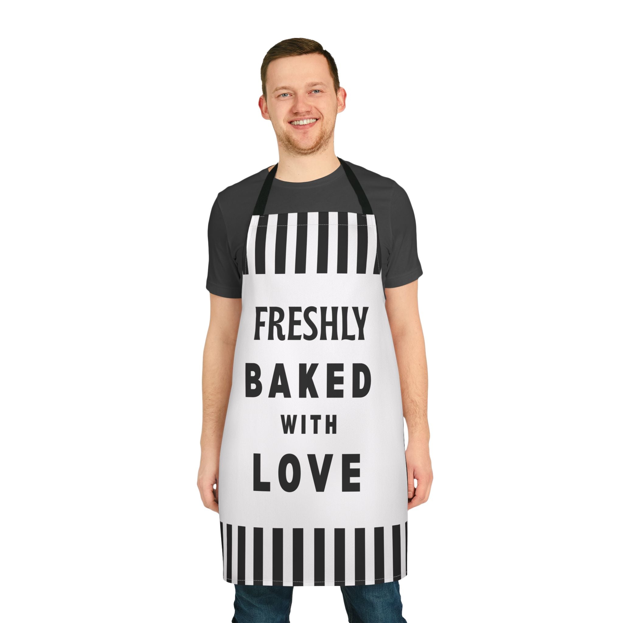Freshly Baked With Love Apron, Black White Striped Kitchen Apron, Baker Gift, Cooking Apron, Funny Baking Apron, Chef Apron, Gift For Baker