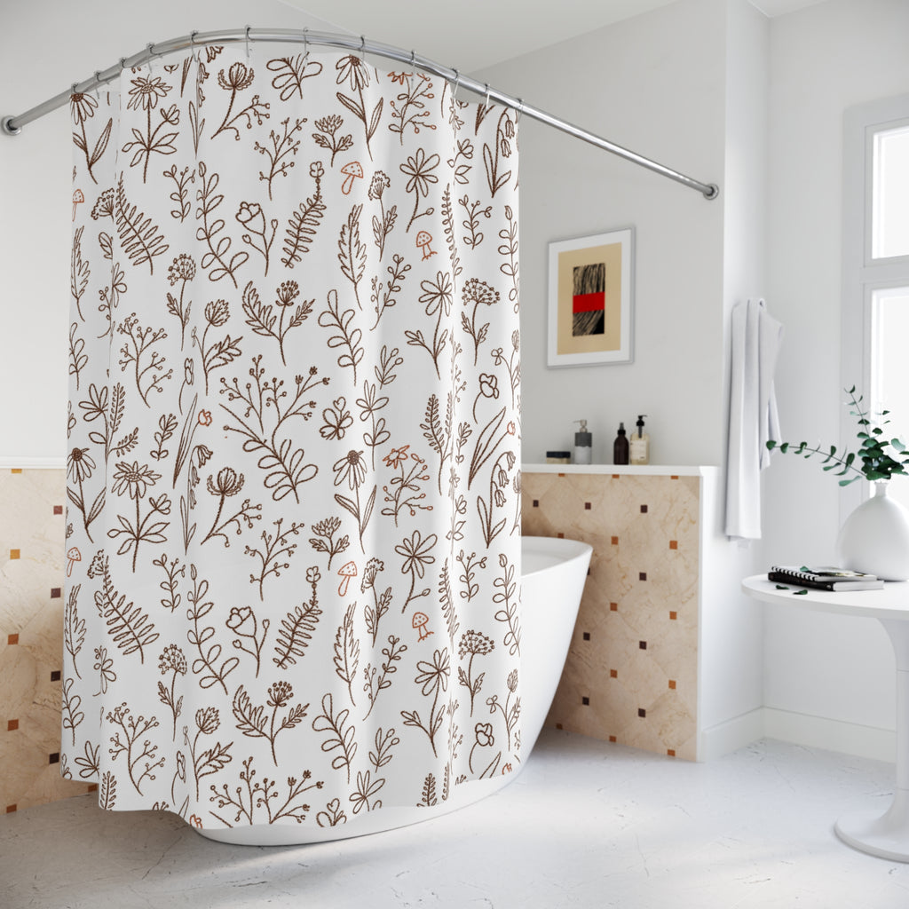 Neutral Wildflower Shower Curtain, Boho Botanical Bathroom Decor, Tan Beige Floral Print, Farmhouse Bath Curtain, Minimalist Nature Decor