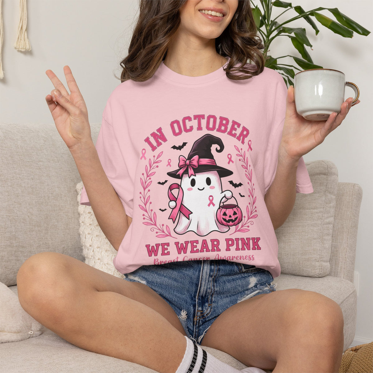 In October We Wear Pink Shirt, Breast Cancer Awareness Ghost Tee, Halloween Pink Ribbon Shirt, Cute Ghost Pumpkin Support Survivor Gift