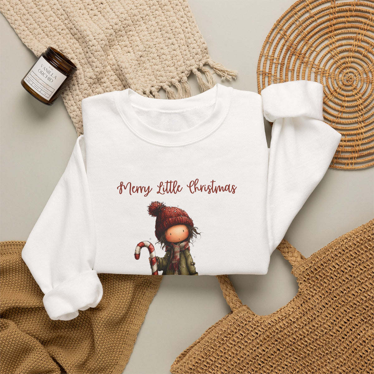 Merry Little Christmas Sweatshirt, Whimsical Girl Candy Cane Shirt, Cute Holiday Crewneck, Christmas Girl Tee, Xmas Gift Sweatshirt for Her