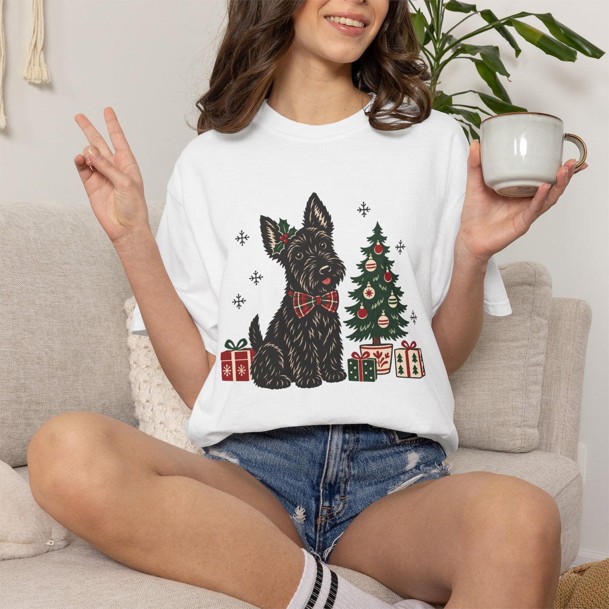 Scottie Dog Christmas Shirt, Scottish Terrier Holiday Tee, Dog Lover Gift, Cute Christmas Tree Present Graphic Tee, Womens Xmas Top