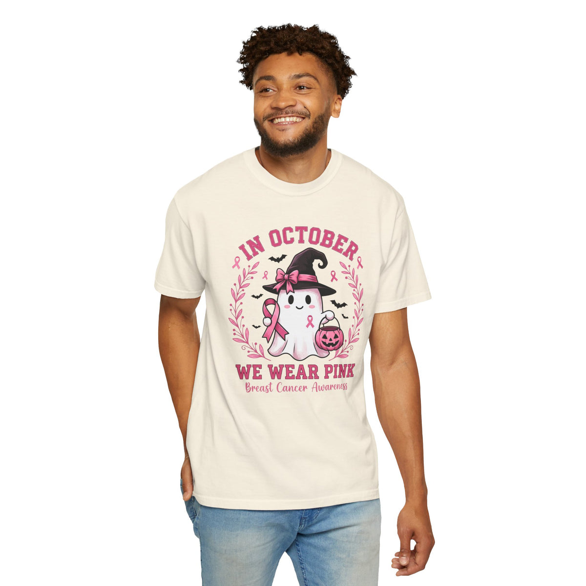 In October We Wear Pink Shirt, Breast Cancer Awareness Ghost Tee, Halloween Pink Ribbon Shirt, Cute Ghost Pumpkin Support Survivor Gift