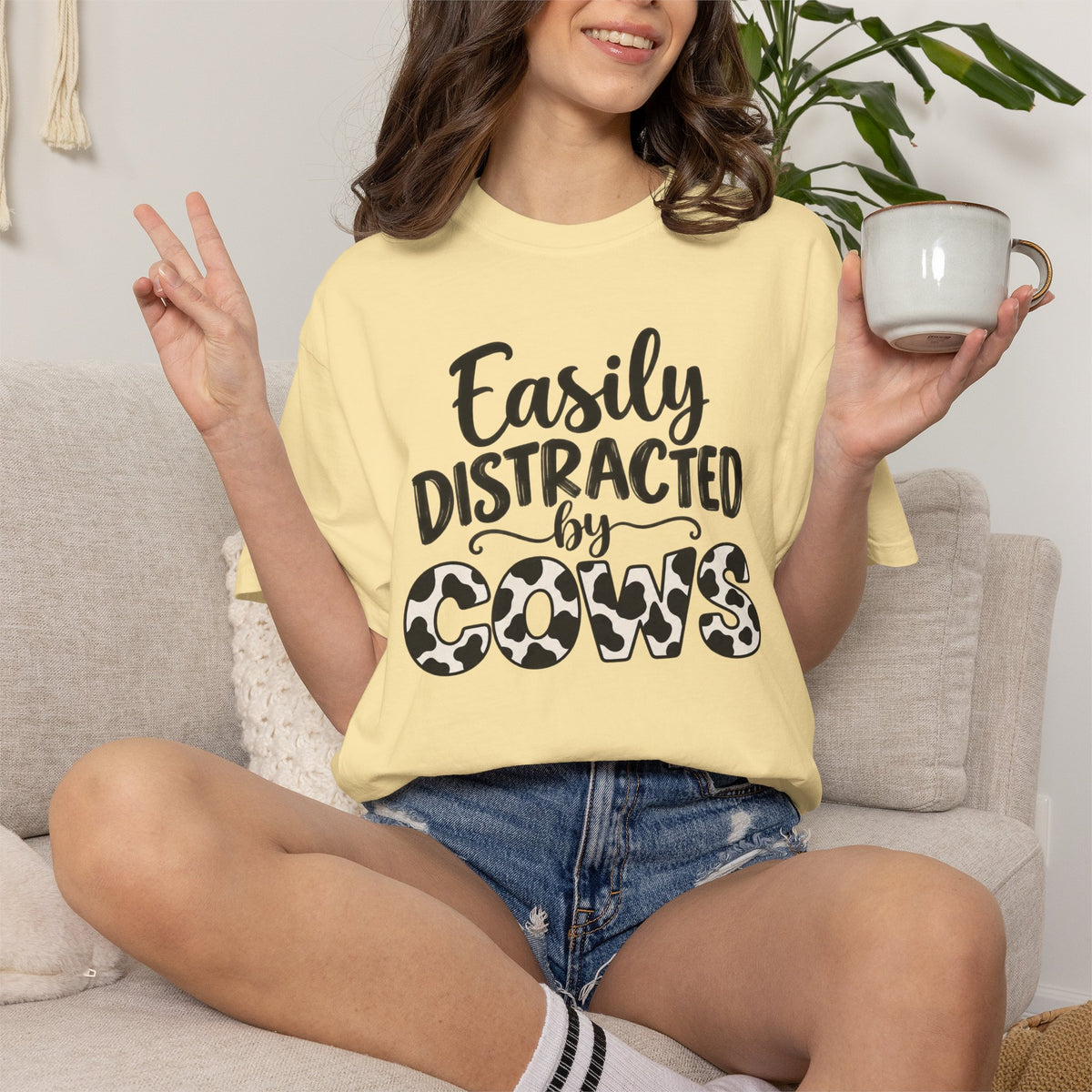 Comfort Color Easily Distracted By Cows T-Shirt, Cow Print Crewneck, Funny Farm Shirt, Cow Lover Gift, Farm Life Top, Country Girl