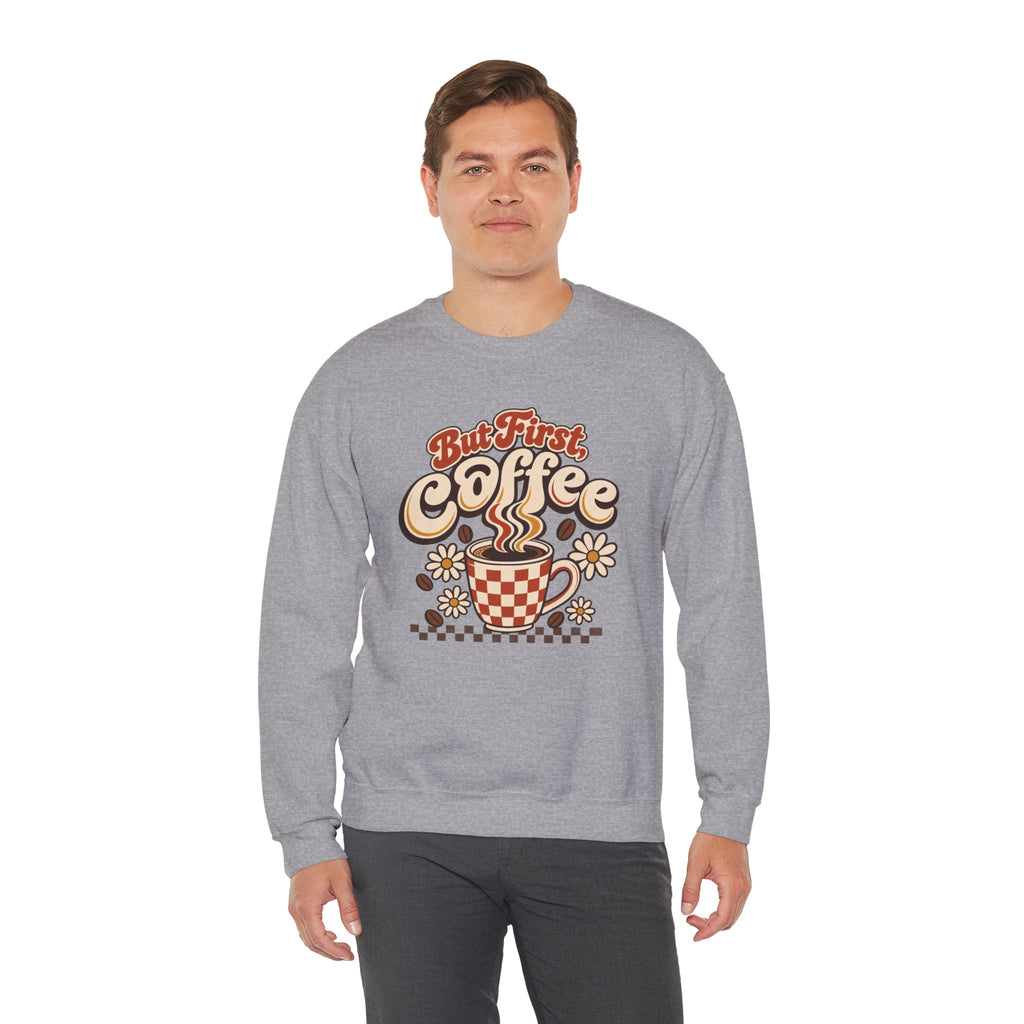 But First Coffee Shirt, Retro Checkered Mug Daisy Sweatshirt, Groovy Coffee Lover Tee, Trendy Coffee Shirt, Retro Floral Coffee Gift Shirt