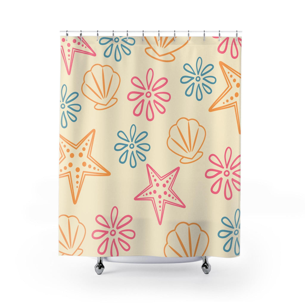 Sea Shells and Starfish Shower Curtain Beach Floral Pattern, New Home Gift Deco, Vacation Beach or Lake Home Deco, Graphic Curtain Bathroom