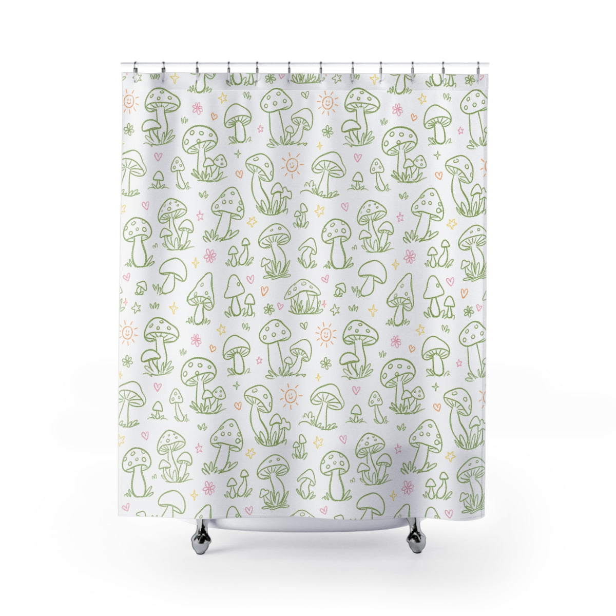 Green Mushroom Shower Curtain, Whimsical Botanical Bathroom Decor, Cottagecore Mushroom Print, Cute Fungi Bath Curtain, Sage Green Decor