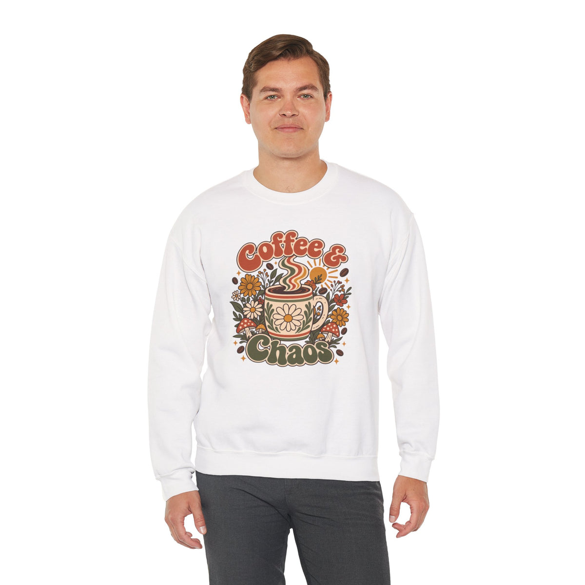 Coffee & Chaos Sweatshirt, Retro Floral Coffee Mug Shirt, Wildflower Mushroom Graphic Tee, Trendy Coffee Lover Gift, Cottagecore Crewneck