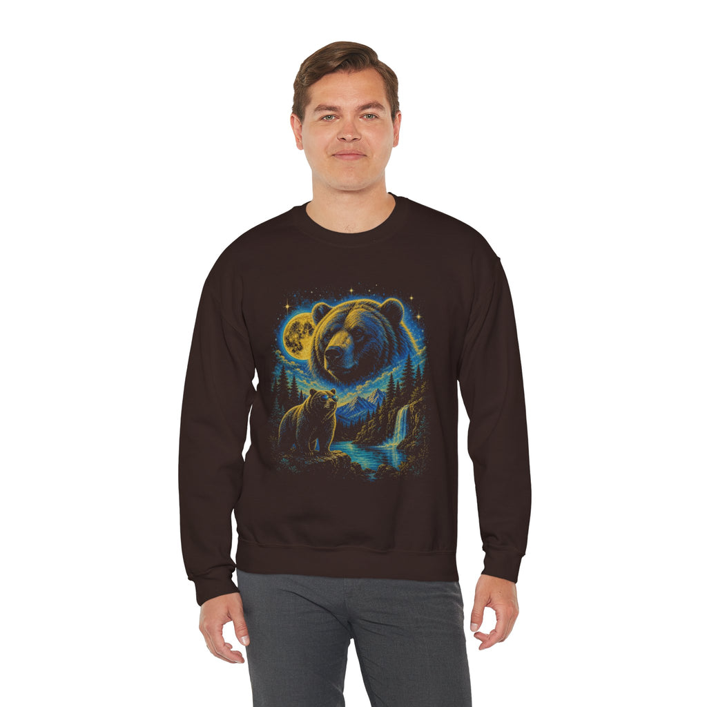 Bear Moon Forest Sweatshirt, Double Exposure Wildlife Sweatshirt, Mountain Waterfall Bear Shirt, Nature Lover Gift, Outdoor Cabin Crewneck