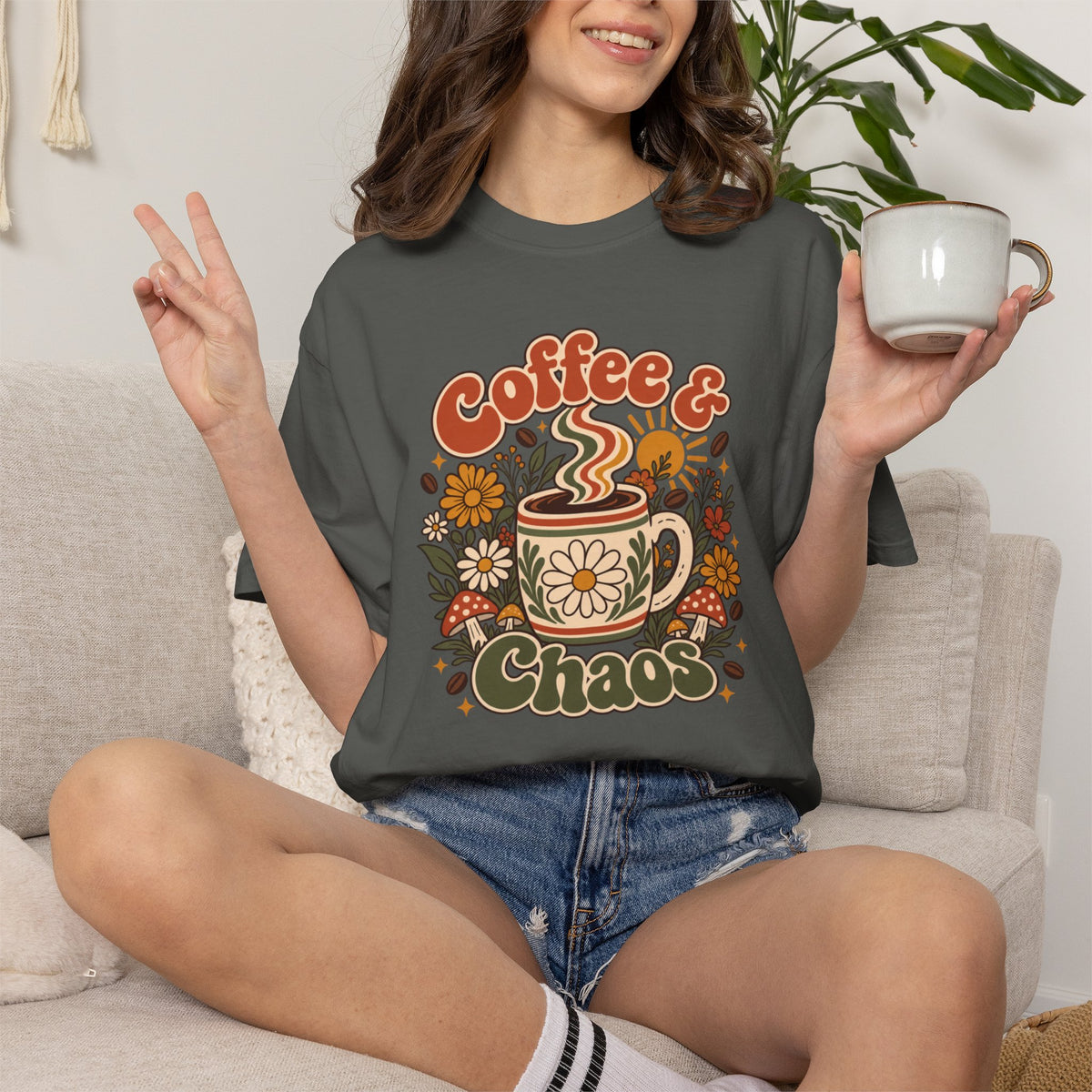 Comfort Color Retro-style Coffee & Chaos graphic T-Shirt featuring a floral coffee mug, cottagecore-inspired gift for coffee lovers