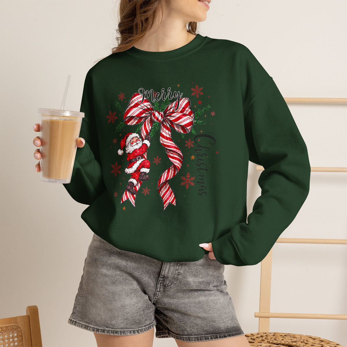 Merry Christmas Sweatshirt, Santa Bow Candy Cane Sweatshirt, Christmas Snowflake Sweatshirt, Womens Holiday Sweatshirt, Christmas Gift