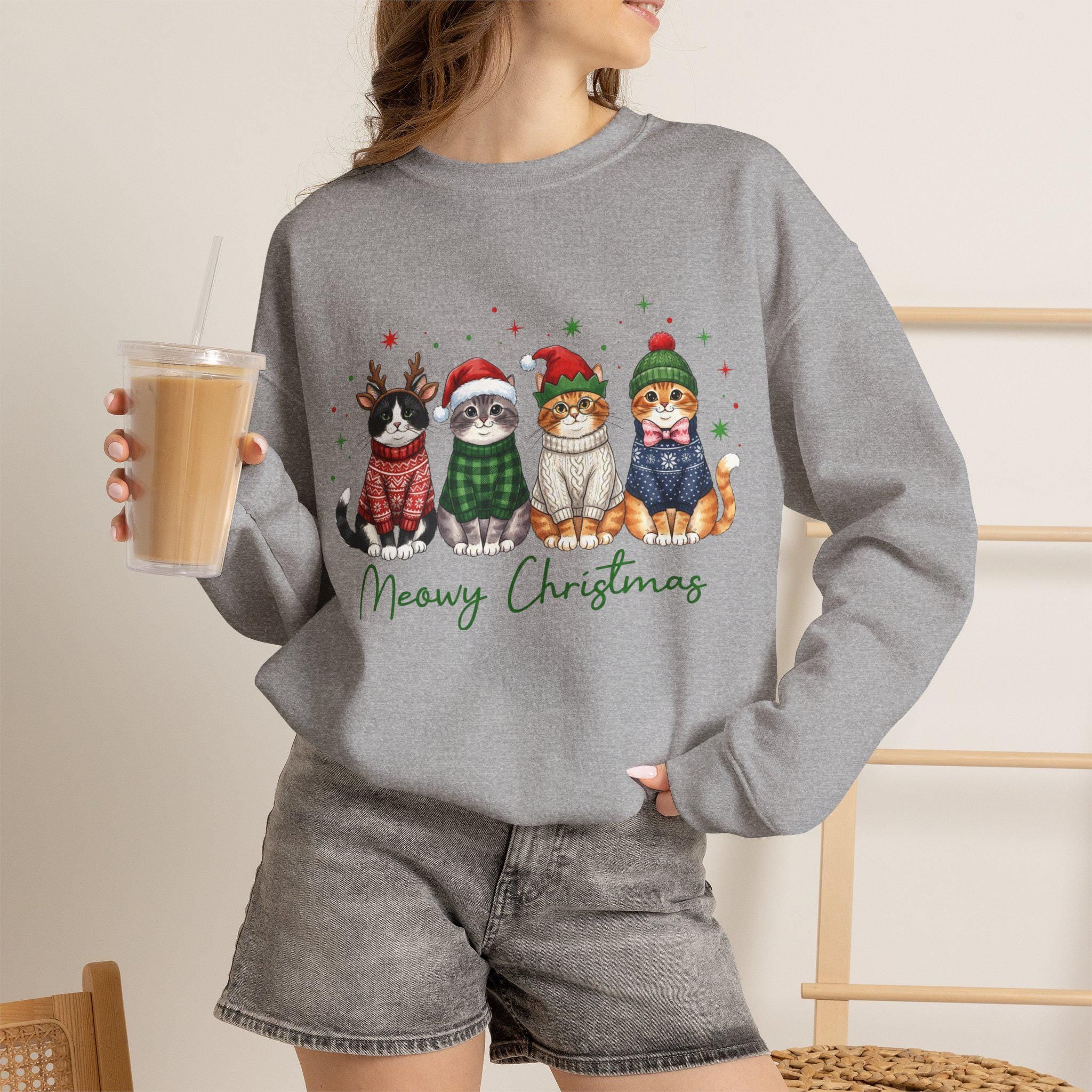 Meowy Christmas Sweatshirt, Funny Cat Christmas Sweater, Cat Mom Holiday Shirt, Christmas Cat Crewneck, Cute Cat Lover Gift, Xmas Sweatshirt