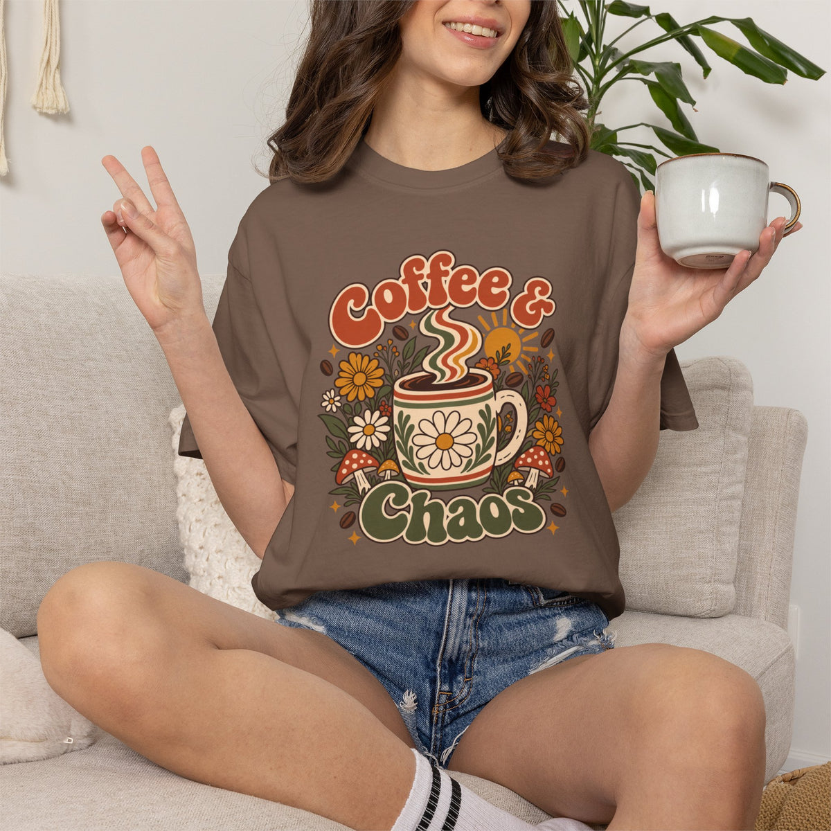 Comfort Color Retro-style Coffee & Chaos graphic T-Shirt featuring a floral coffee mug, cottagecore-inspired gift for coffee lovers