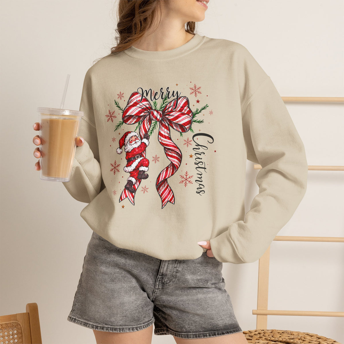 Merry Christmas Sweatshirt, Santa Bow Candy Cane Sweatshirt, Christmas Snowflake Sweatshirt, Womens Holiday Sweatshirt, Christmas Gift