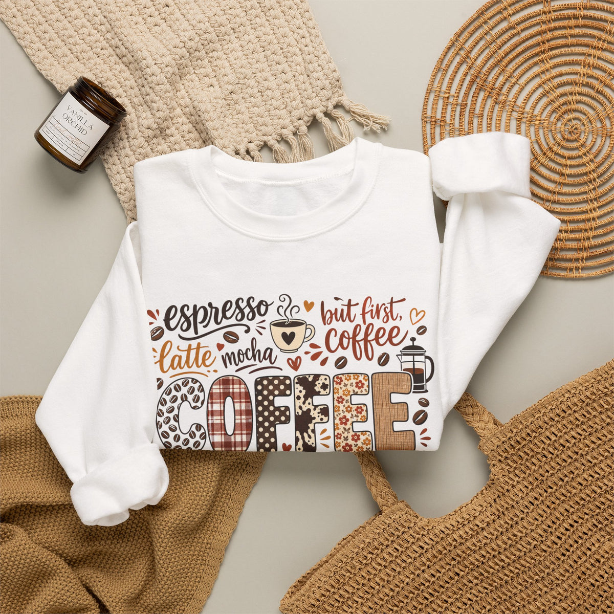 Coffee Lover Word Collage, Funny Coffee Quotes Design, Espresso Latte Mocha Iced Coffee Shirt Design, Sip Happens