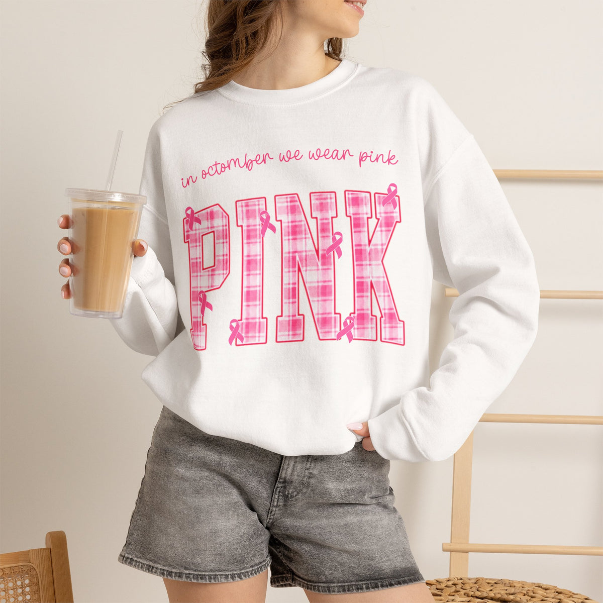In October We Wear Pink Sweatshirt, Breast Cancer Awareness Top, Pink Plaid Design, Survivor Support Shirt, Pink Ribbon Top