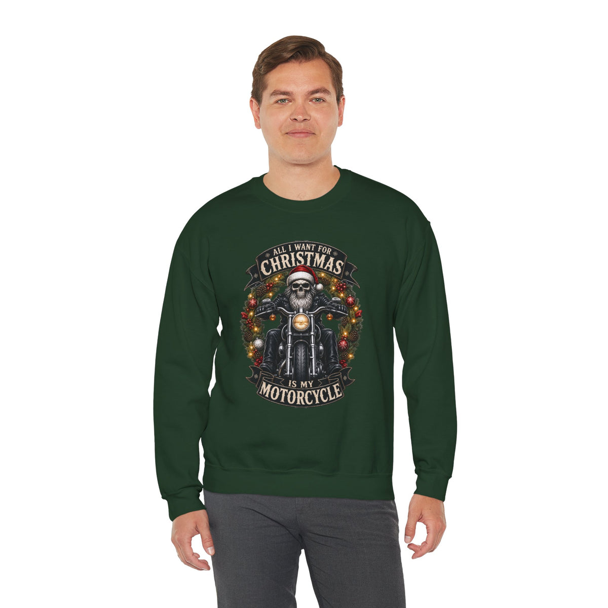 Skeleton Biker Christmas Sweatshirt, All I Want For Christmas Is My Motorcycle Shirt, Funny Biker Xmas Gift, Santa Skull Motorcycle Sweater