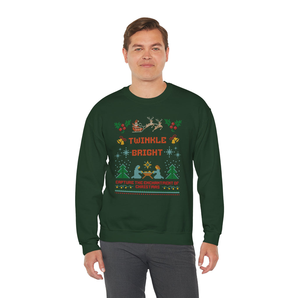 Nativity Christmas Sweatshirt, Twinkle Bright Ugly Christmas Sweater Style, Faux Cross Stitch Santa Reindeer Holiday Crewneck Gift