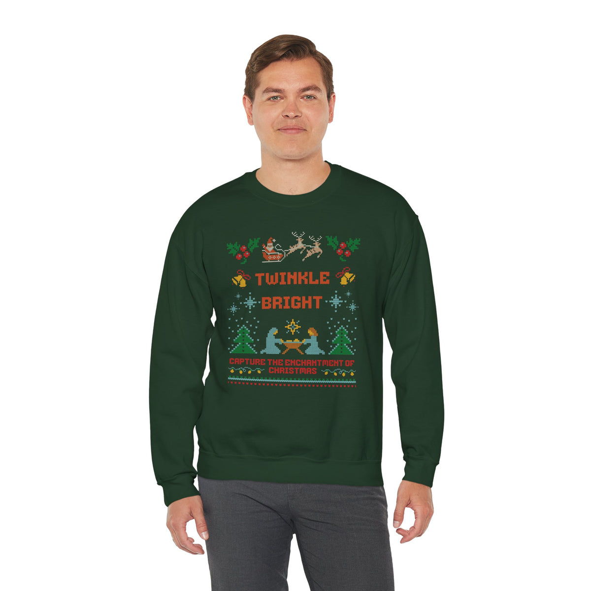Nativity Christmas Sweatshirt, Twinkle Bright Ugly Christmas Sweater Style, Faux Cross Stitch Santa Reindeer Holiday Crewneck Gift