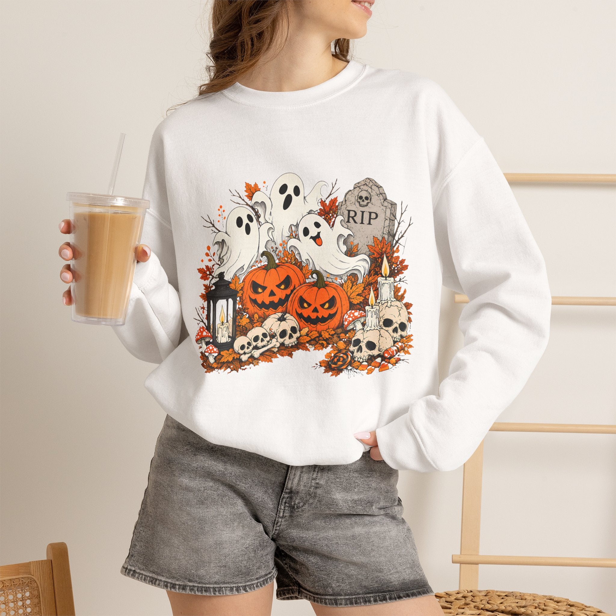 Halloween Ghost Pumpkin Sweatshirt, Spooky Graveyard Skull Crewneck, RIP Tombstone Ghost Sweater, Fall Halloween Shirt, Cute Ghost Gift