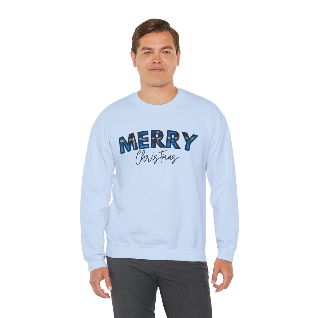 Merry Christmas Blue Plaid Sweatshirt | Buffalo Check Christmas Shirt | Winter Holiday Crewneck | Xmas Gift for Her | Cozy Christmas Top