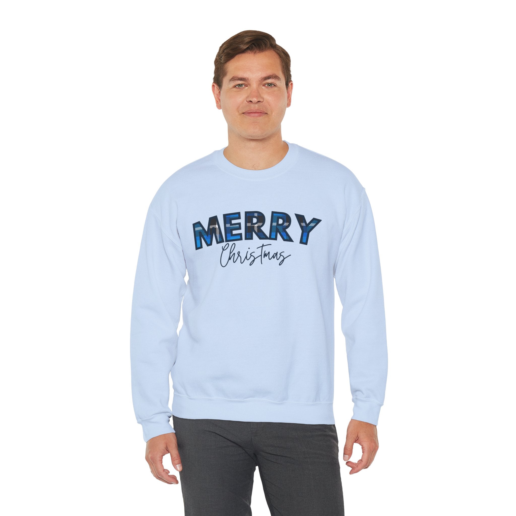 Merry Christmas Blue Plaid Sweatshirt | Buffalo Check Christmas Shirt | Winter Holiday Crewneck | Xmas Gift for Her | Cozy Christmas Top
