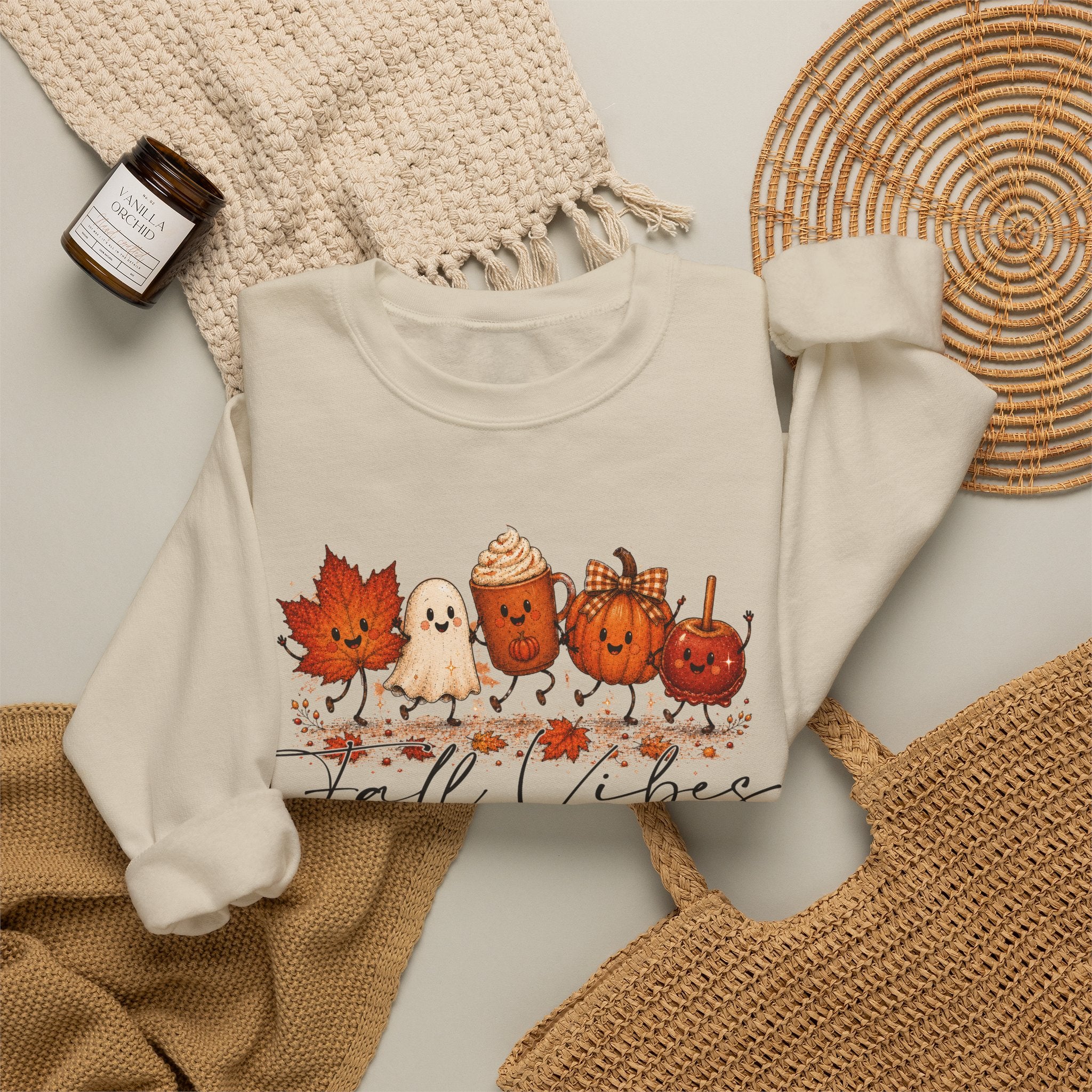 Fall Vibes Sweatshirt, Cute Autumn Characters Crewneck, Pumpkin Spice Latte Ghost Leaf Sweater, Kawaii Fall Shirt, Halloween Autumn Top