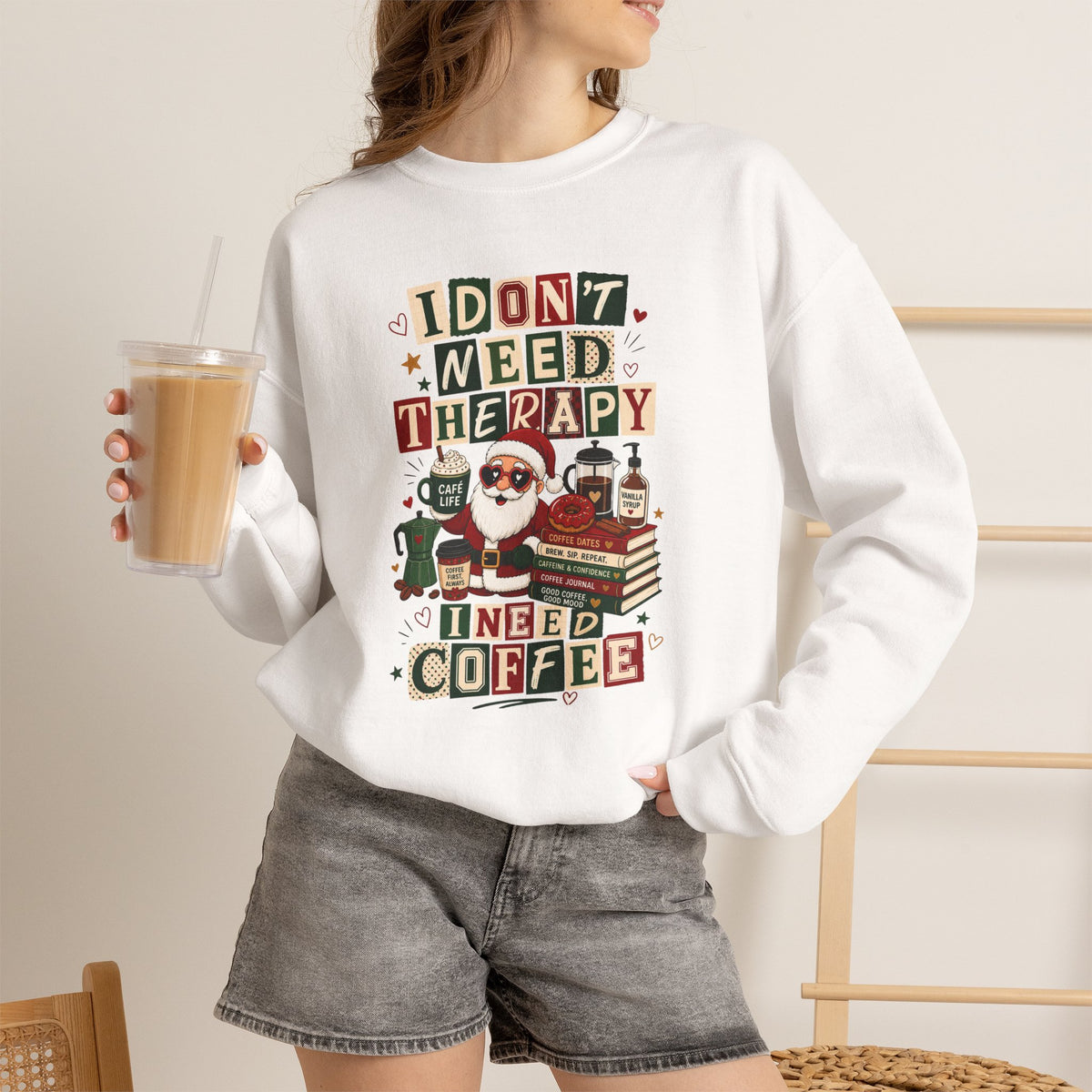 Christmas Sweatshirt I Don't Need Therapy I Need Coffee Funny Santa Coffee Lover Shirt Xmas Plaid Retro Holiday Gift for Women