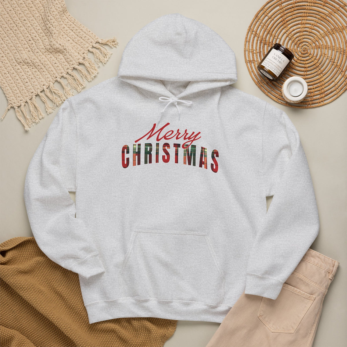 Merry Christmas Hoodie, Plaid Christmas Sweatshirt, Buffalo Plaid Holiday Hoodie, Cozy Xmas Pullover Hoodie, Women's Christmas Gift for Her