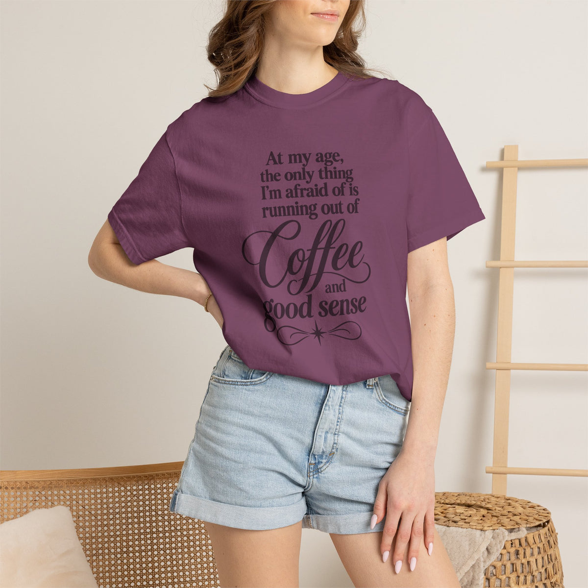 Comfort Color Funny Coffee TShirt, At My Age Only Afraid of Running Out of Coffee and Good Sense, Sarcastic Women's Tee, Funny Coffee Lover