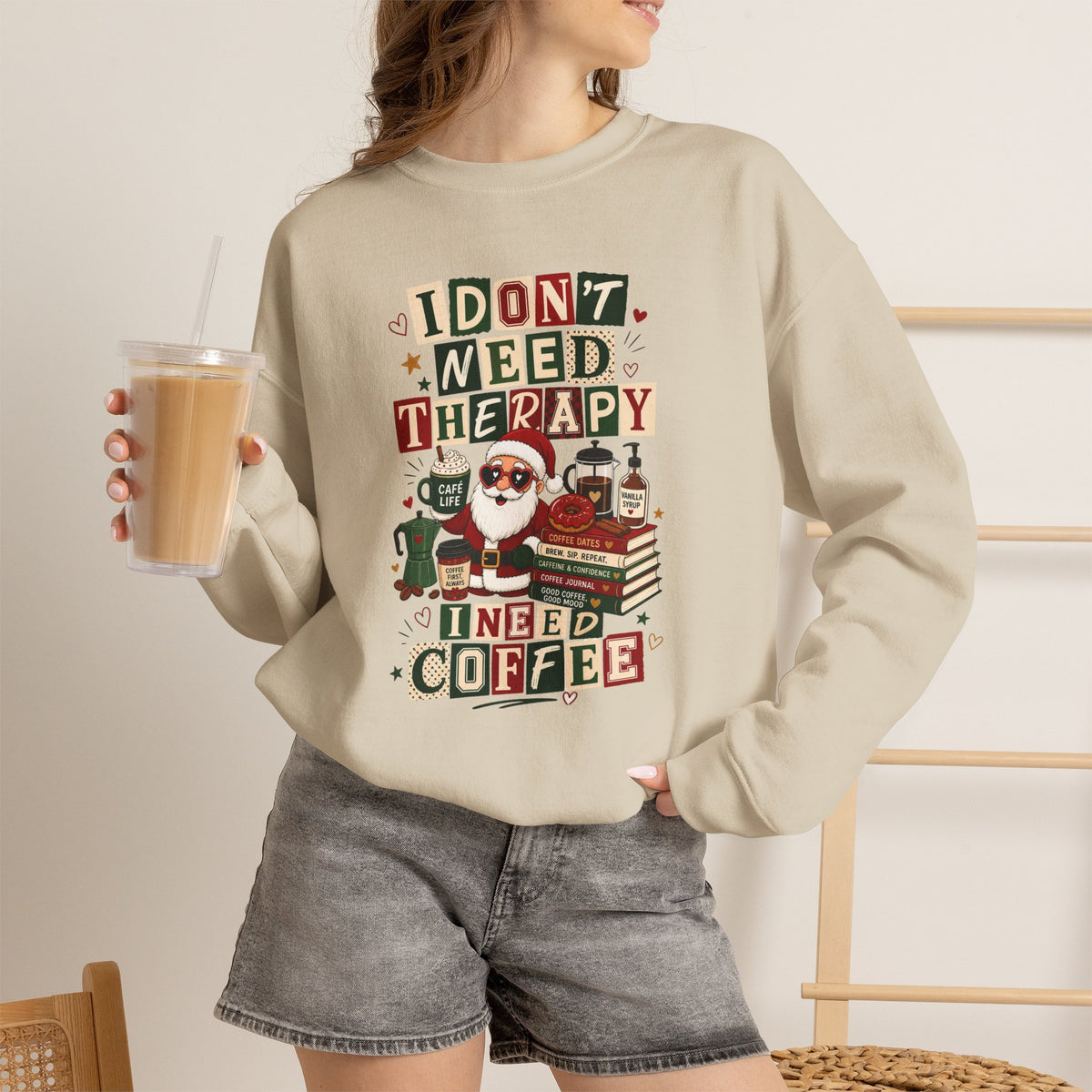 Christmas Sweatshirt I Don't Need Therapy I Need Coffee Funny Santa Coffee Lover Shirt Xmas Plaid Retro Holiday Gift for Women