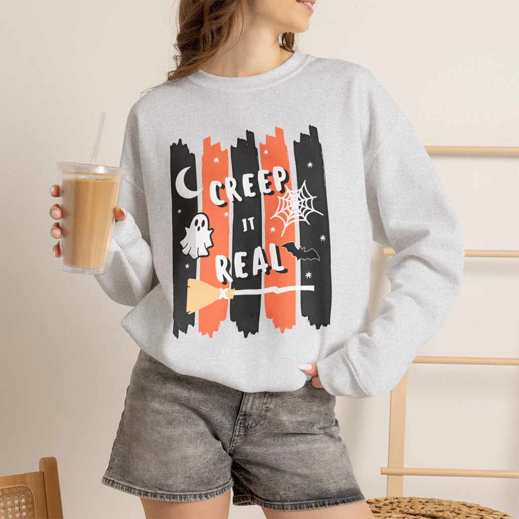 Creep It Real Halloween Sweatshirt, Funny Ghost Bat Spiderweb Crewneck, Orange Black Stripe Halloween Shirt, Cute Fall Pullover Women Gift