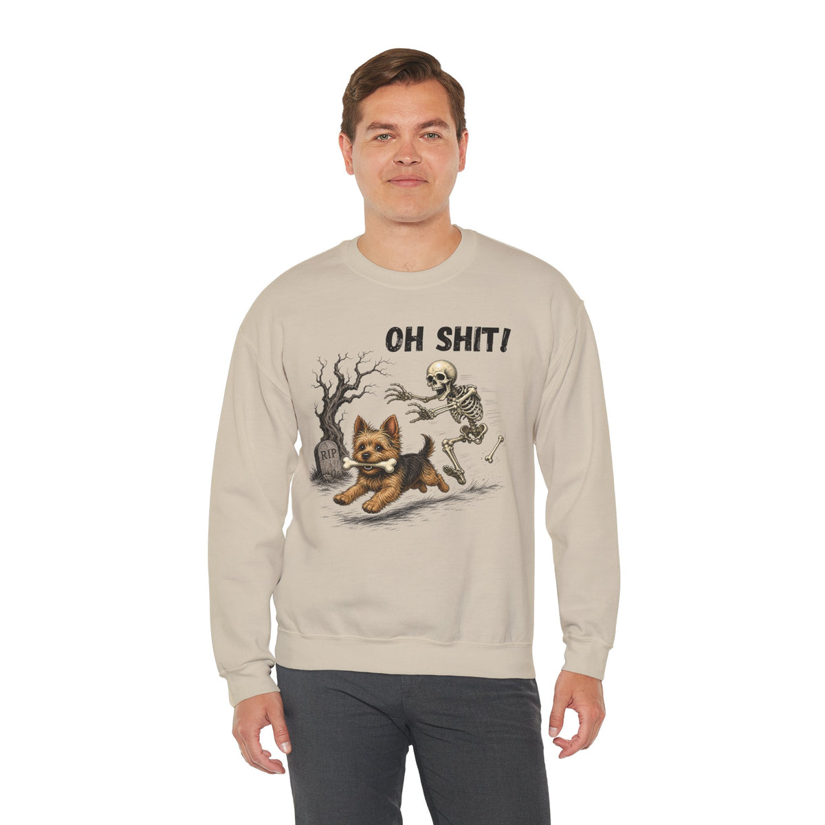 OH SHIT! Funny Skeleton Halloween Sweatshirt, Yorkie Terrier Dog Lover Shirt, Funny Fall Sweatshirt, Halloween Dog Mom Gift, Trick Treat