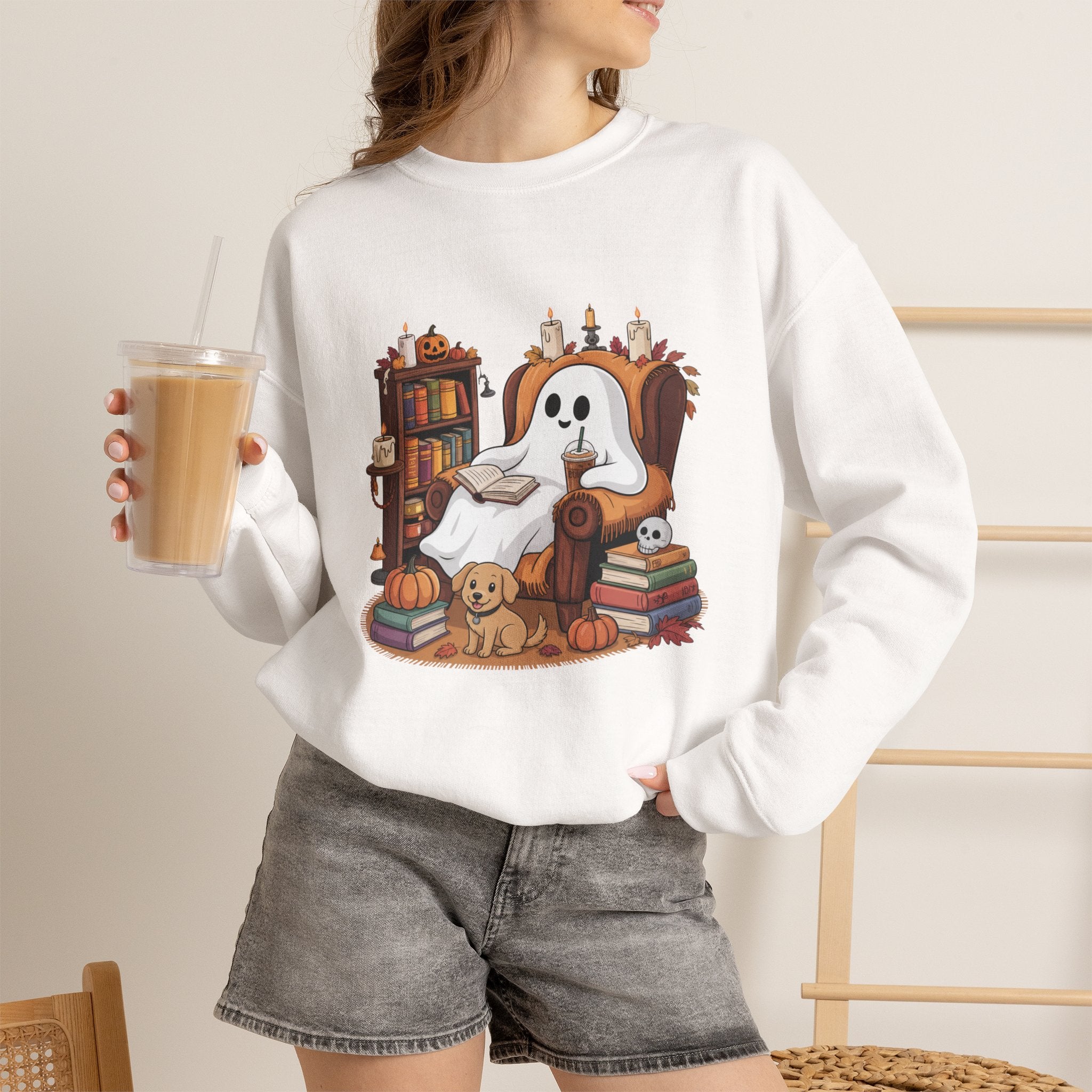 Cute Ghost Reading Books Sweatshirt, Cozy Fall Halloween Sweater, Ghost with Dog Pumpkins Shirt, Autumn Library Halloween Crewneck Gift